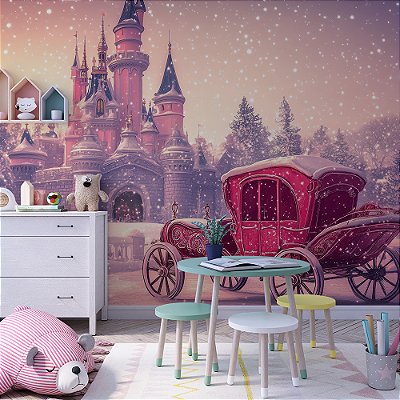 Papel de Parede Castelo Rosa na Neve e Carruagem Pink