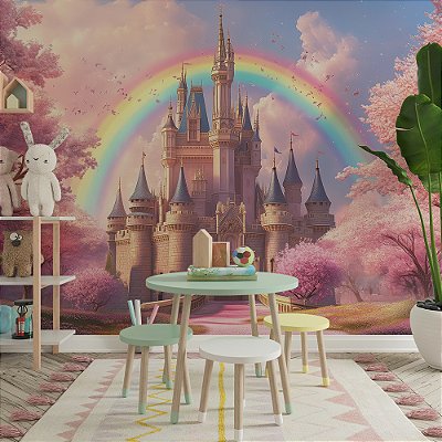 Papel de Parede Castelo, Árvores de Cerejeiras e Arco-Íris