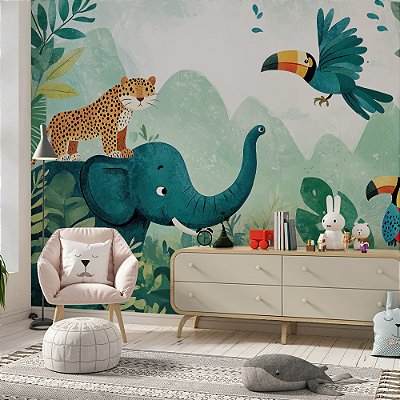Papel de Parede Safari Onça, Tucano e Elefante