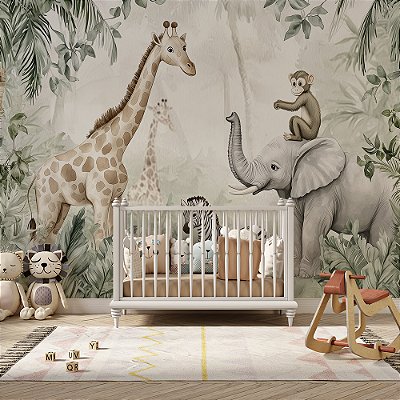 Papel de Parede Safari Girafa, Elefante, Macaco e Zebra