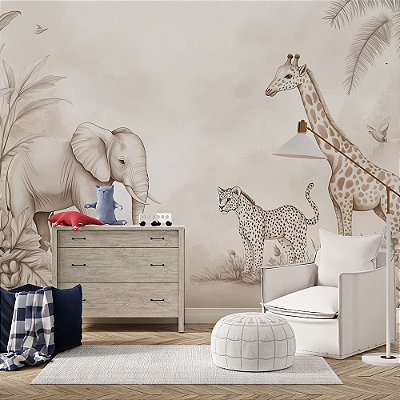 Papel de Parede Safari Girafa, Elefante e Zebra