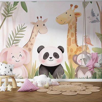 Papel de Parede Safari Girafas, Macaco e Panda