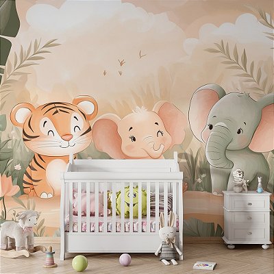 Papel de Parede Safari Tigre, Elefante Macho e Fêmea