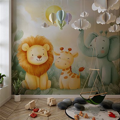 Papel de Parede Safari Leão, Elefante e Girafa