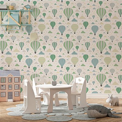 Papel de Parede Infantil Nuvens e Balões Verdes