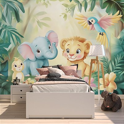 Papel de Parede Safari Elefante, Leão e Arara