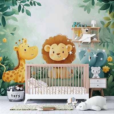 Papel de Parede Safari Elefante, Leão, Girafa e Passarinho