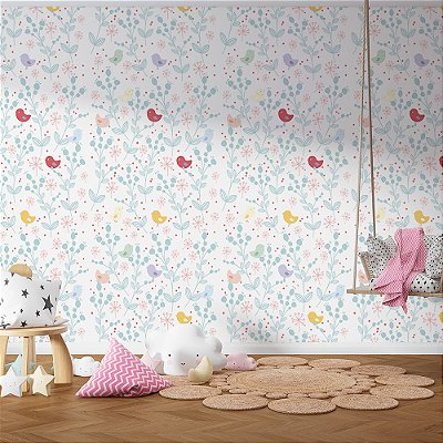 Papel de Parede Floral Bosque dos Pássaros Coloridos
