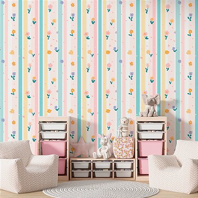 Papel de Parede Floral Listras Floridas Pastéis