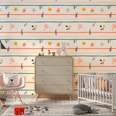 Papel de Parede Floral Listras Florais Boho