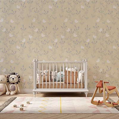 Papel de Parede Floral Ramas de Flores com Passarinhos