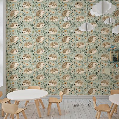 Papel de Parede Boho Kids Porco Espinho em Bosque de Flores