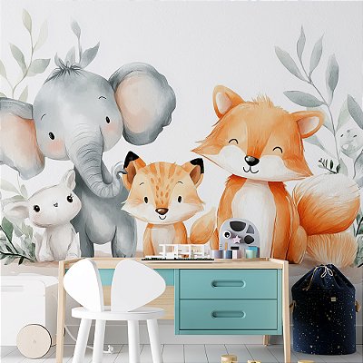 Papel de Parede Safari Elefante, Tigre e Raposa