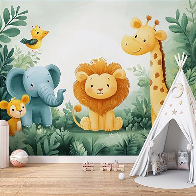 Papel de Parede Safari Leão, Girafa e Elefante