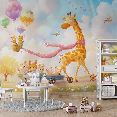 Papel de Parede Safari Girafa e Seus Amigos no Trenzinho