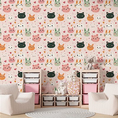 Papel de Parede Gatinhos Fofos com Fundo Rosa