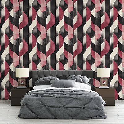 Papel de Parede Abstrato Faixas e Curvas Preto e Bordô Moderno