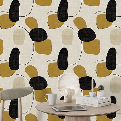 Papel de Parede Abstrato Linhas e Formas Preto e Ocre Elegante