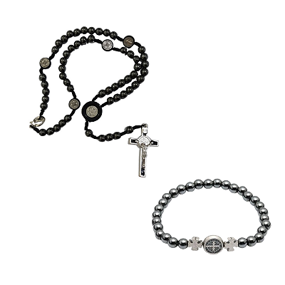 Kit com 2 Kit Pulseira e Terço Hematita com Medalha de São Bento Religioso