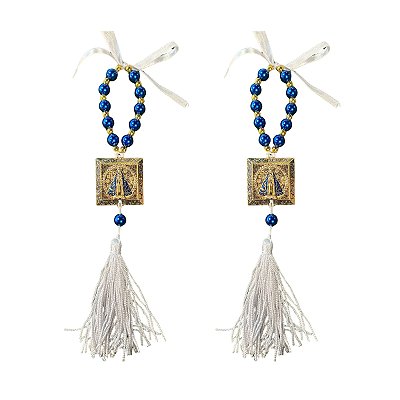 Kit com 2 Mini Terço Azul com Medalha Quadrada de Nossa Senhora Aparecida e Tassel