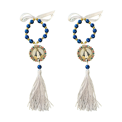 Kit com 2 Mini Terço Azul com Medalha Redonda de Nossa Senhora Aparecida e Tassel