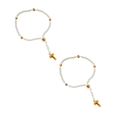 Kit com 2 Terço de Pérola Branco com Crucifixo e Imagens de São Miguel Arcanjo