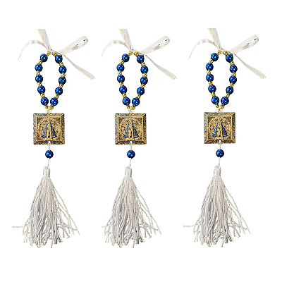 Kit com 3 Mini Terço Azul com Medalha Quadrada de Nossa Senhora Aparecida e Tassel