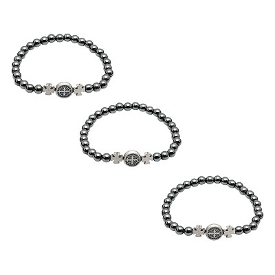 Kit com 3 Pulseira de Hematita com Medalha de São Bento Ajustável Religiosa