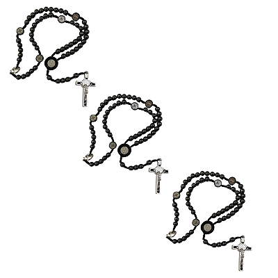Kit com 3 Terço de Hematita com Medalha de São Bento Religioso