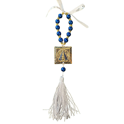 Mini Terço Azul com Medalha Quadrada de Nossa Senhora Aparecida e Tassel