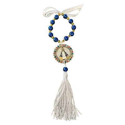Mini Terço Azul com Medalha Redonda de Nossa Senhora Aparecida e Tassel