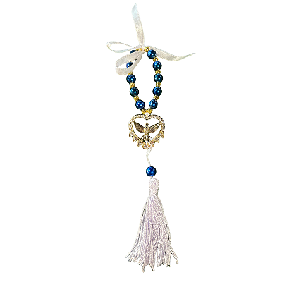 Mini Terço Azul com Pingente do Espírito Santo em Coração e Tassel