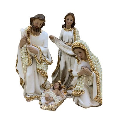 Presépio de Natal Perolado Branco 4 Peças Sagrada Família 30cm