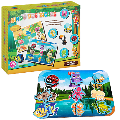 Jogo Infantil Bingo dos Bichos 65 peças em MDF Brinquedo Educativo