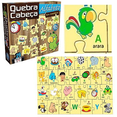 Quebra Cabeça Alfabeto Ilustrado 26 Peças em Madeira Brinquedo Educativo e Pedagógico