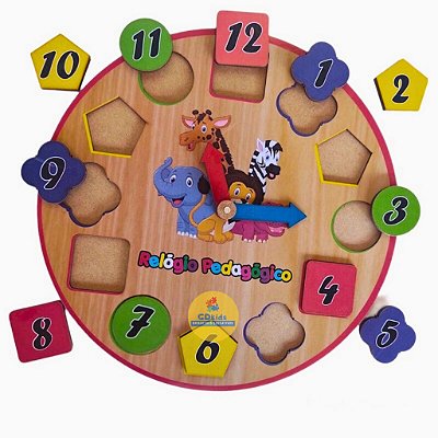 Relógio Pedagógico Infantil de Encaixe em Madeira Brinquedo Educativo