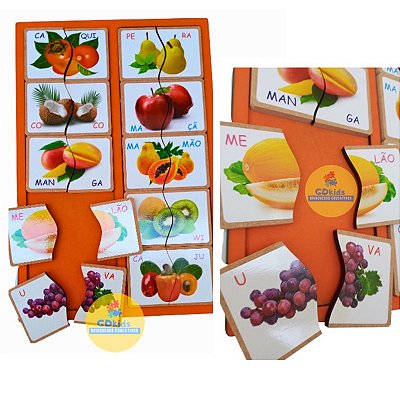 Quebra Cabeça Duas Metades Frutas em Madeira Educativo