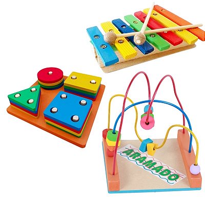 Kit 3 Brinquedos Educativos  ARAMADO  XILOFONE PRANCHA SELEÇÃO