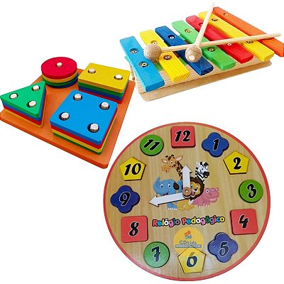 kit 3 Brinquedos Educativos Xilofone Relógio Prancha Pedagógica
