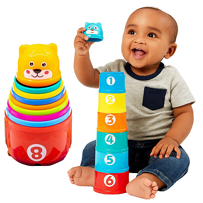 Brinquedo Educativo Torre Divertida 9 Potes Números e Letras Toy Mix Brinquedo de Montar