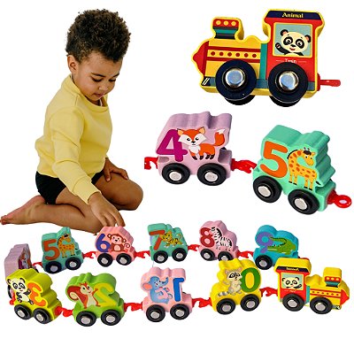 Trenzinho Educativo de Madeira Infantil Números 0 a 9 Brinquedo Pedagógico Colorido Montessori