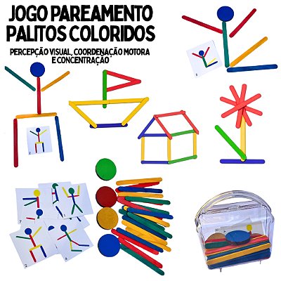 Kit Jogo Pareamento de Cores e Forma Figuras Palitos Coloridos