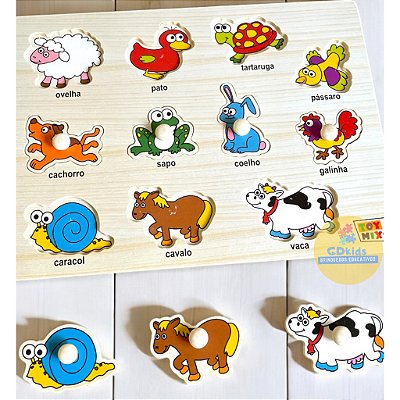 Quebra Cabeça Encaixe Divertido Com Pinos em MDF Toy Mix Frutas Animais Formas Transportes - ANIMAIS