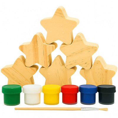 Kit Pinte e Brinque com 6 Estrelinhas de Madeira Tintas e Pincel Educativo e Divertido