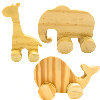 Kit Animais com Rodinhas em Madeira Girafa Elefante Baleia Estilo Carrinho