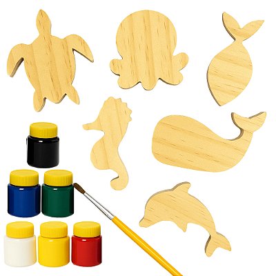 Kit Pintura Infantil Animais Marinhos em Madeira 6 Tintas 1 Pincel Brinquedo Educativo