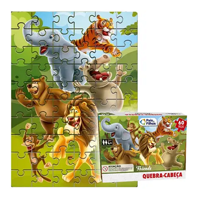 Quebra Cabeça Infantil Animais 60 Peças Pais e Filhos