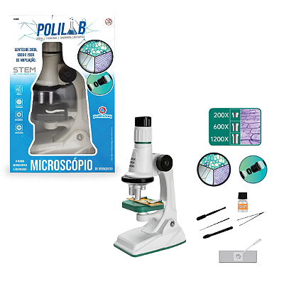 Microscópio Infantil Polilab com Luz LED e Kit Científico 28 Peças Educativo Polibrinq