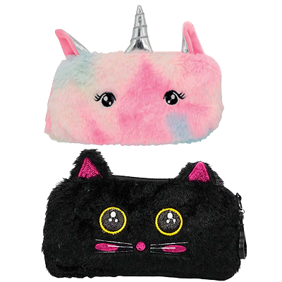 Estojo Escolar Pelúcia Gatinho Preto ou Unicórnio Macio Organizador Material Polibrinq