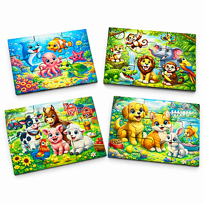 Kit 4 Quebra Cabeça Mdf 9 Peças Infantil Animais da Fazenda Floresta Mar e Domésticos Educativo